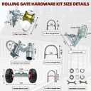Rolling Gate Hardware Kit for Farm, Fence Gates, Rolling Gates- Includes 6" Double Wheel Carrier, 6 Universal Track Drackets, 2 Pipe Track Rollers, 1 Set Gate Latch, 2 Sets of Wrenches