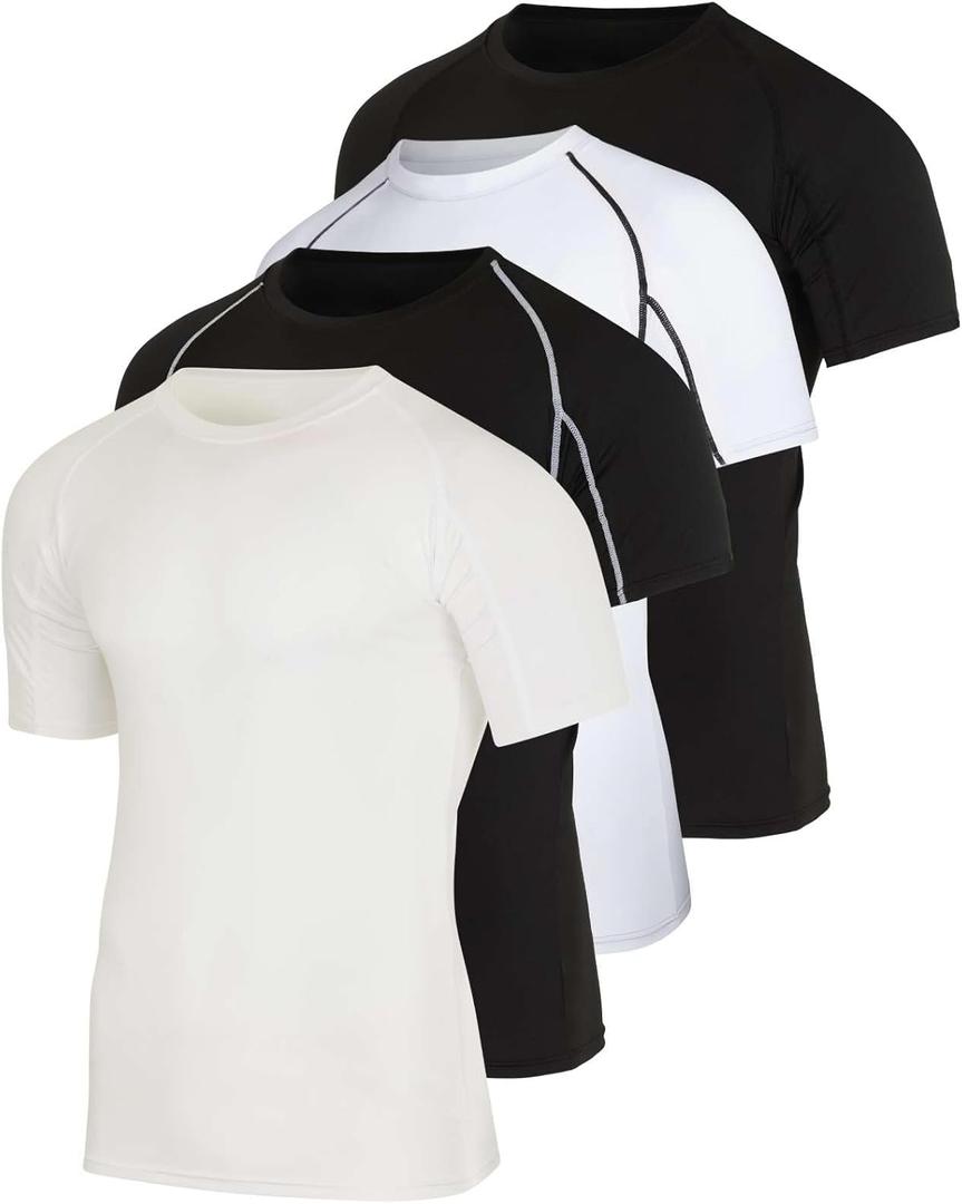 4 Pack: Mens Short Sleeve Shirts Compression Base Layer Thermal Undershirt Slimming Black Active Athletic T-Shirt Dry Fit Workout Sports Rashguard Gym Running, 4XL Tall