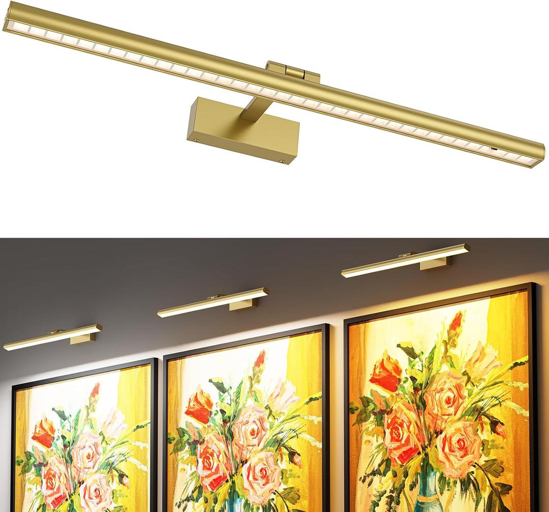 Wireless Picture Lights for Wall, Battery Operated Wall Light for Painting Rechargeable CCT Rotatable Art Gallery Light with Remote Dimmable Timer for Artwork Frame Display Dartboard (Gold, 24inch)
