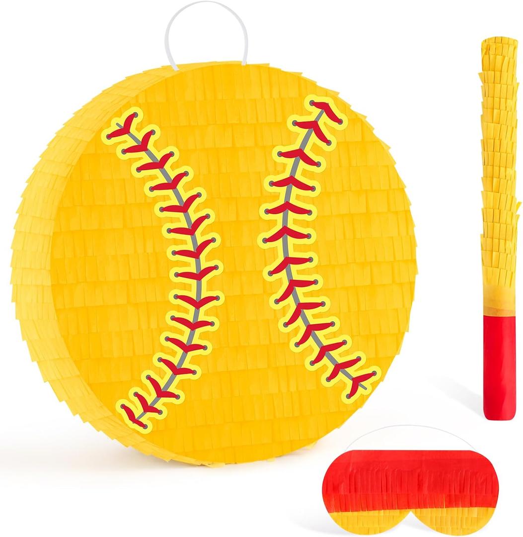Hooqict Softball Pinata with Blindfold and Bat Stick Softball Birthday Party Decorations for Sports Day Party Supplies School Classroom Activities