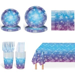 Frozen Party Plates Supplies, Blue and Purple Snowflake Winter Wonderland Disposable Tableware for Christmas Winter Holiday New Year Birthday Party Supplies Decorations, Serve 24
