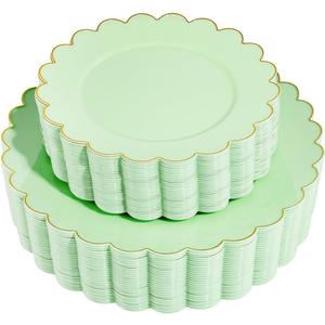 LIYH 60pcs Light Green Plastic Plates with Gold Edges, Disposable Sage Green and Gold Plastic Plates Includes: 30 Dinner Plate 10.25 Inch and 30 Dessert Plate 7.5 Inch (60pcs Green and Gold Plates)