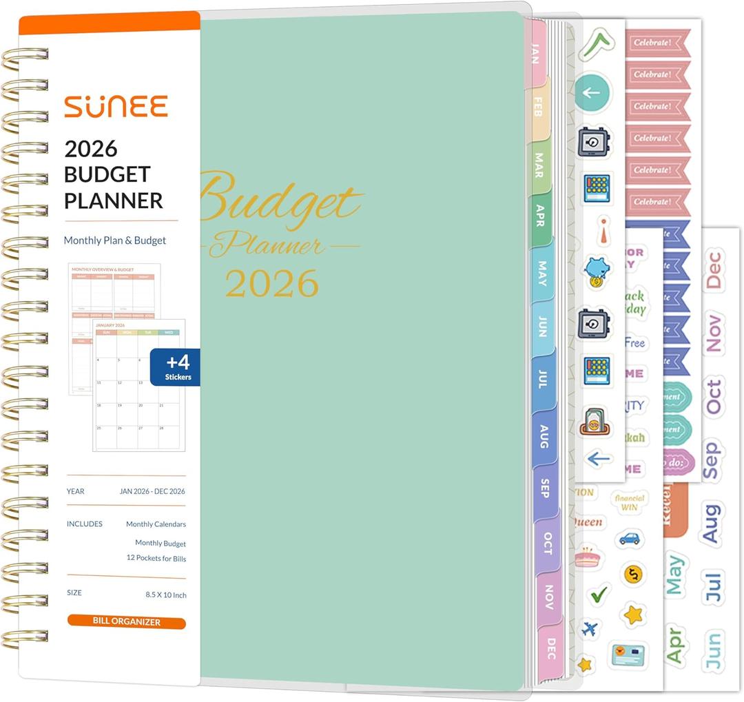 SUNEE 2026 Budget Planner - Deluxe Monthly Budget Book from JAN 2026 - DEC 2026, Bill Organizer with 12-Pockets, Expense Tracker Notebook B5 Size (8" x 10"), Finance Planner with Stickers, Green