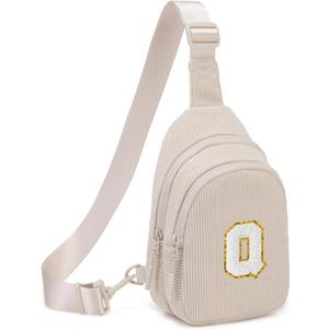 Viverte Small Corduroy Sling Bag Initial Crossbody Bag Fanny Pack for Girls Personalized Birthday Gifts for Teen Girls Gifts (Beige)