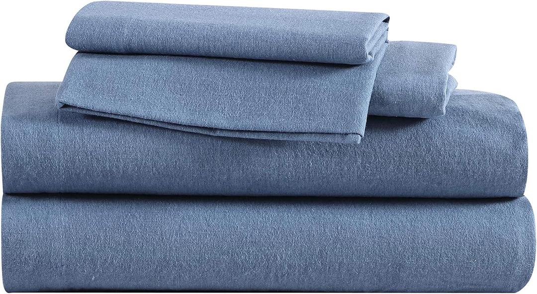 Eddie Bauer - Flannel Sheets Queen Size, Anti-Pilling & Wrinkle Resistant Cotton, Touchably Soft for All-Season Comfort - Bed Sheets with Matching Pillowcases & Fitted Sheet (Solid Blue)