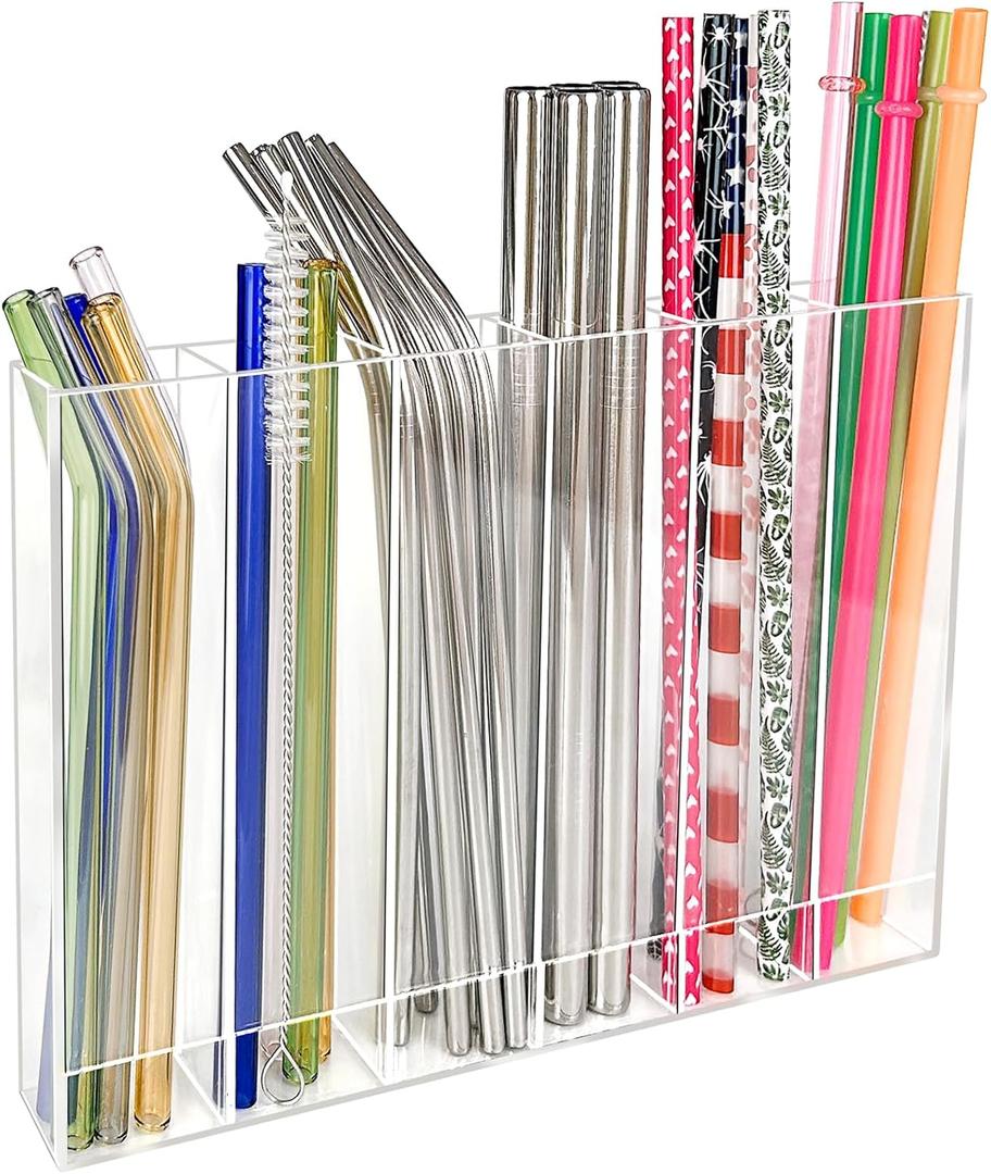 9.6 Large Acrylic Straw Holder for Cabinet Door - 6 compartments, easy to clean, Reusable Tumbler Straw Organizer Storage, Small Kitchen Accessories Container, Ultra Sticky Cupboard Door Mounted (Clear)