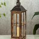 Large Farmhouse Wooden Decorative Lantern Set of 2, Rustic Distressed Brown Burnt Wood Floor Candle Lanterns, Indoor/Outdoor Hanging Lanterns for Home Decor (No Glass)