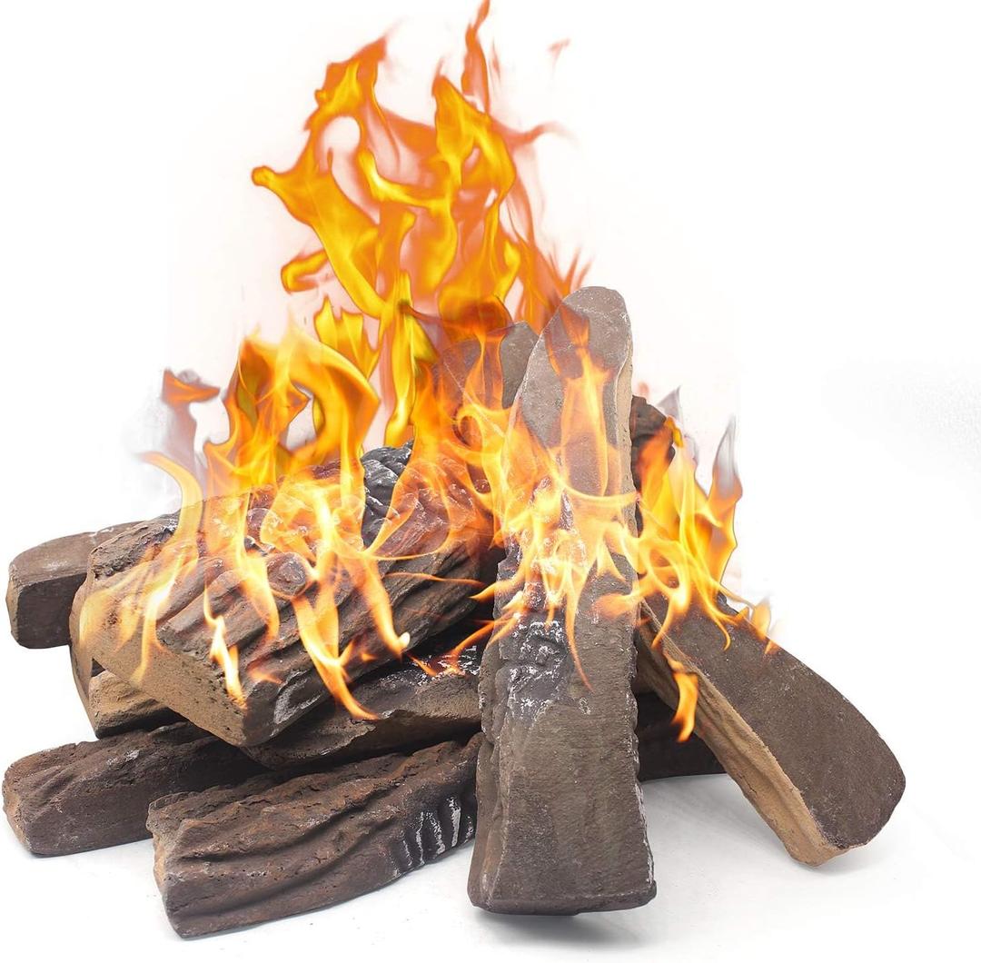 Mr.Ton Gas Fireplace Logs,10pcs Large Ceramic Firepit Logs, Decorative Faux Wood Log Set for Indoor Outdoor Gas Insets, Vented,Ventless, Electric,Ethanol,Gel Fireplaces