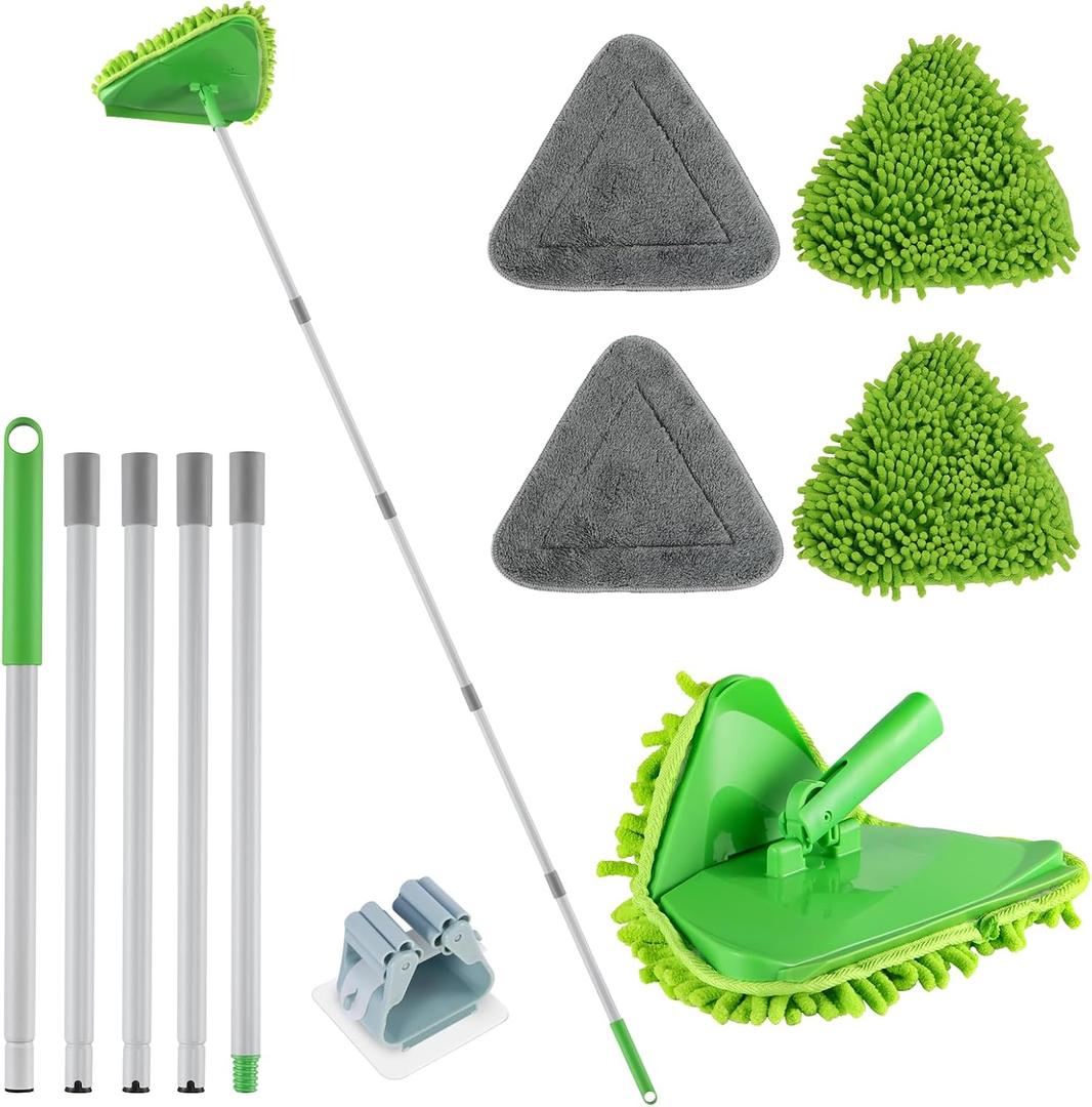 Wall Cleaner Triangle Mop with 82'' Long Handle - Wall Scrubber, Cleaning Washer Tool with 4 Microfiber Chenille Duster Pads for Clean Walls, Ceiling, Windows, Baseboards, Floors (Green, 4 Pads)