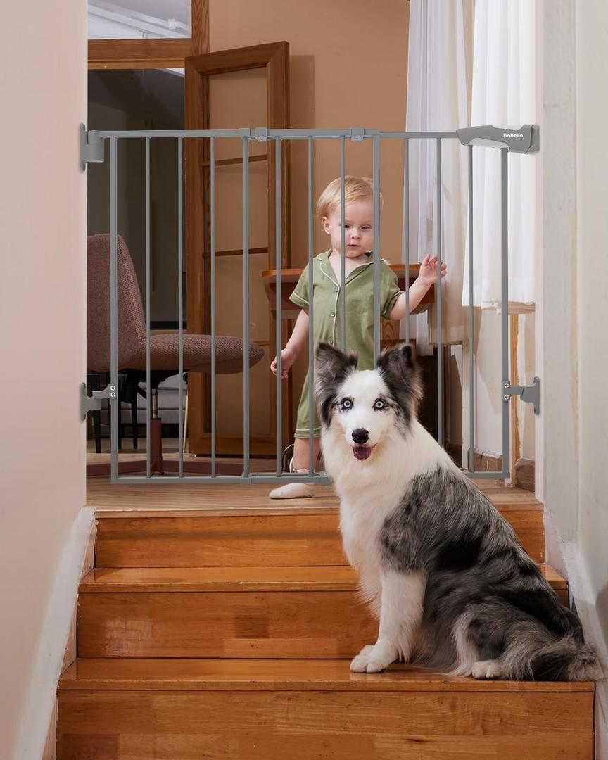 Babelio 26-43" No Bottom Bar Baby Gate for Babies, Elders and Pets, 2-in-1 Hardware Mount Dog Gate for The House, Stairs and Doorways, with Large Walk Thru Door, Grey 