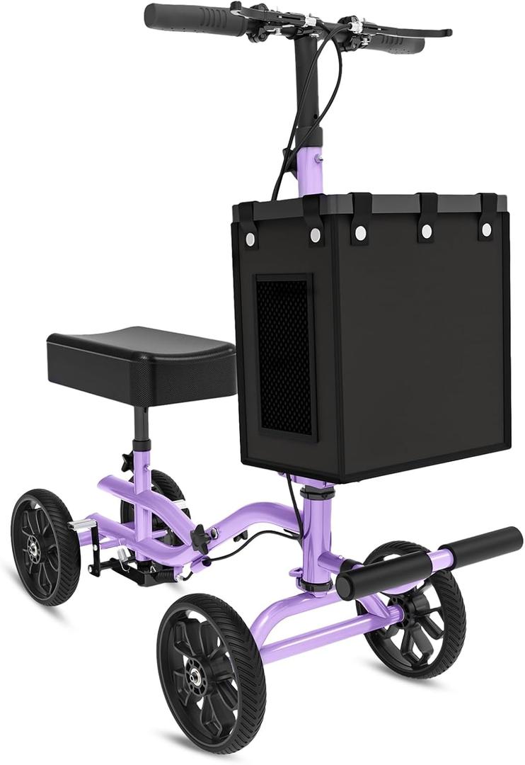 Lightweight Knee Scooter, Foldable & Adjustable Knee Scooter for Adults for Foot Surgery, Steerable Knee Walker with Detachable Basket, Includes DIY Stickers, Crutch Alternative-Cream Purple
