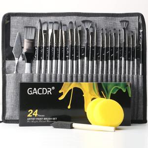 Acrylic Paint Brush Set, 24 Pieces Paint Brushes for Acrylic Painting with Cloth Roll Case and 2 Sponges, Pinceles para Acrilico for Oil Watercolor Gouache