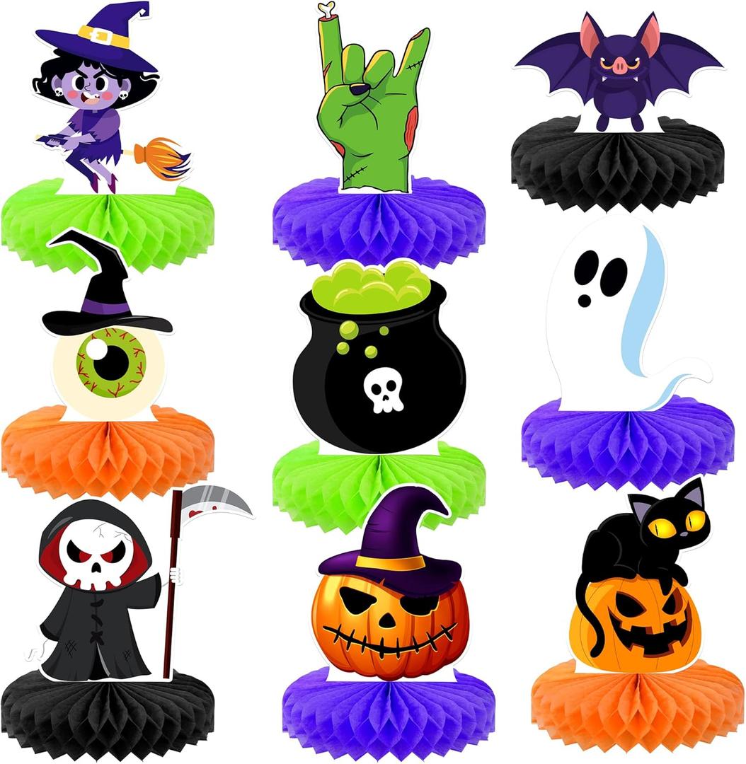 KatchOn, Halloween Honeycomb Centerpieces - Pack of 9 | Halloween Party Table Decorations | Halloween Party Table Centerpieces for Kids Halloween Birthday Party Decorations | Halloween Table Dcor (Green, Orange & Black)