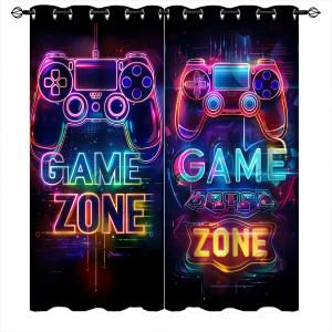Modern Game Neon Blackout Curtains for Kid Girls Boys Bedroom Video Games Game Zone Gamepad Thermal Insulated Darkening Grommet Window Drapes for Bedroom Living Room, W42xL63 Inch