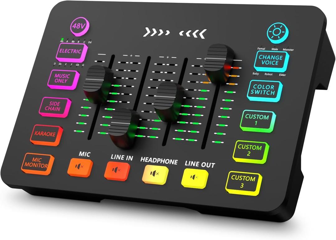 Gaming Audio Mixer with RGB, Streaming/PC Mixer with XLR Microphone Interface, 6 Voice Changing Modes Individual Control, Mute Button,48V Phantom Power