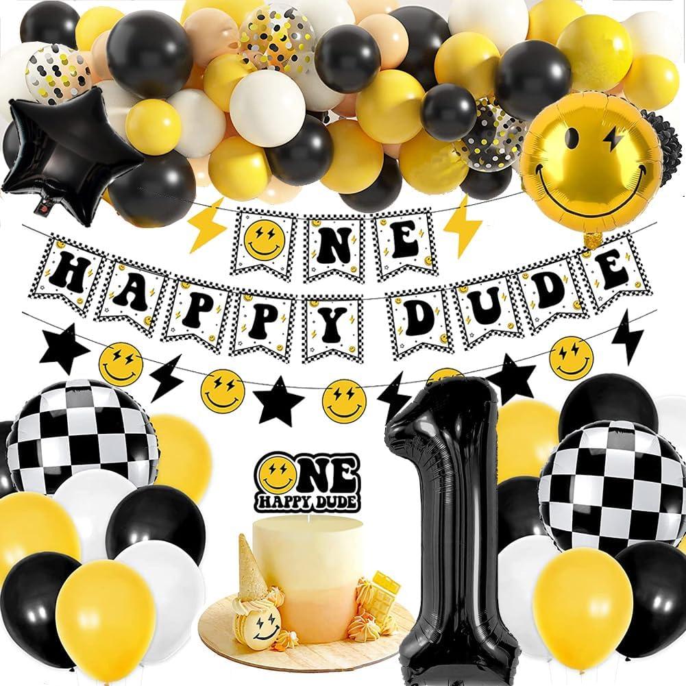 One Happy Dude 1st Birthday Party Decorations Party Supplies First Birthday Party Decoration for Boy Black and Yellow Theme Backdrop Balloon High Banner
