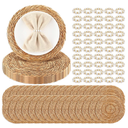 Gandeer 100 Pcs Cattail Round Woven Placemats Set, Cattail Placemats with Pearl Napkin Rings Boho Farmhouse Rustic Woven Chargers Natural Mat Bulk for Wedding Party, Dinner Table (13 Inch)