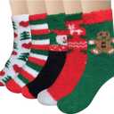 Loritta 5 Pairs Womens Fuzzy Socks Winter Warm Cozy Fluffy Super Soft Slipper Socks (D2-colorful Christmas)