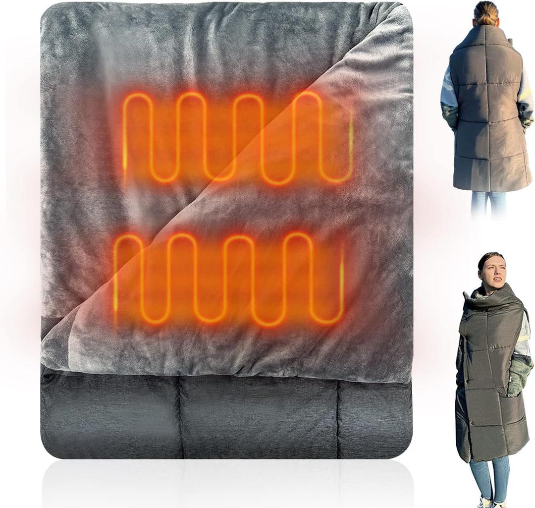 Portable USB Heated Blanket, 3 Heat Settings Wearable Heated Blanket Throw 3 Hrs Auto Off, Overheat Protection Soft USB Heating Blanket Wrap Machine Washable, Grey (Power Supply Not Included) (Gray)