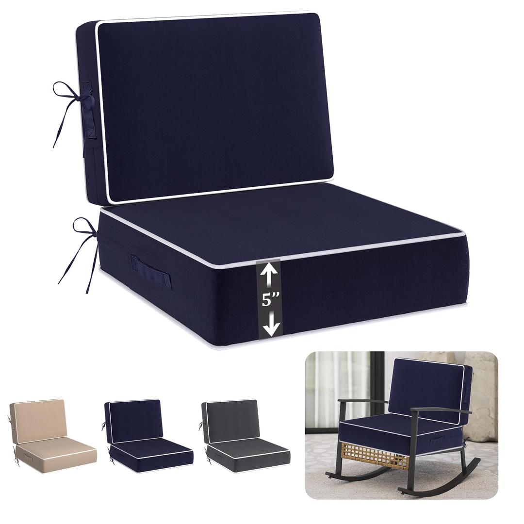 5" Thicker Outdoor Chair Cushions Set of 2, 24"x24" Patio Chair Cushions for Outdoor Furniture w/Water & Fade-Resistant and Removable Cover, Outdoor Cushion w/Handle & Straps for Dining Chair Sofa