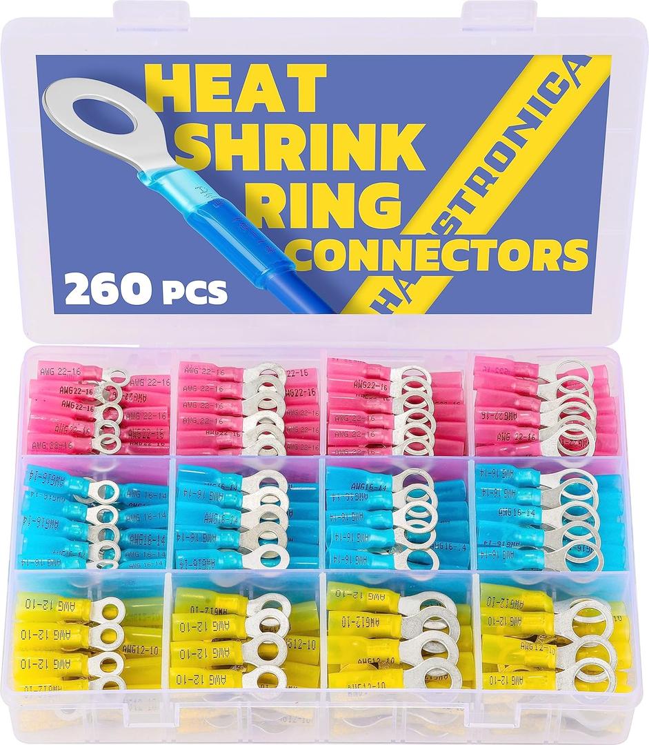 haisstronica 260PCS Marine Grade Heat Shrink Ring Connectors-Heat Shrink Wire Connectors Tinned Red Copper #10, 1/ 4", 5/ 16", 3/ 8"(3Colors/ 4Sizes), 16-14 22-16 12-10 Gauge Insulated Ring Crimp Terminals