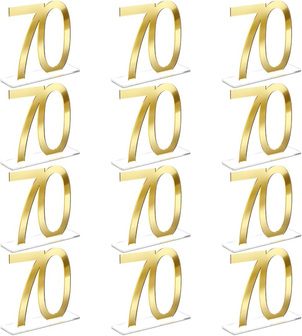 Threehoney 12 Pcs Mirror Gold 70th Birthday Decorations for Men and Women Acrylic Anniversary Decorations Table Numbers Centerpieces for Birthday Party