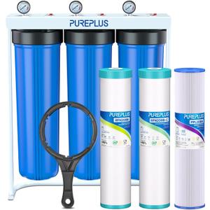 PUREPLUS 20-Inch 3-Stage Whole House Water Filter, Home Filtration System | Pleated Pre-Filter, Activated Carbon & Iron-Manganese Reducing | Built-in Pressure Gauges, with Steel Stand Frame