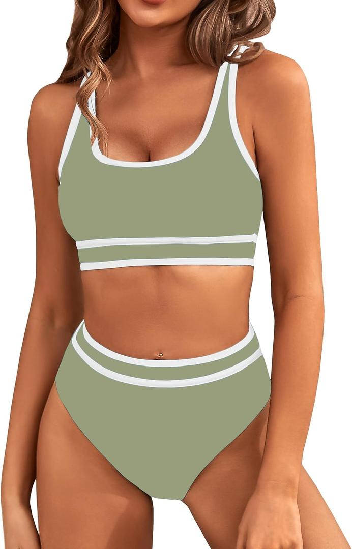 BMJL Women's High Waisted Bikini Sets Sporty Two Piece Swimsuits Color Block Cheeky High Cut Bathing Suits (Medium)