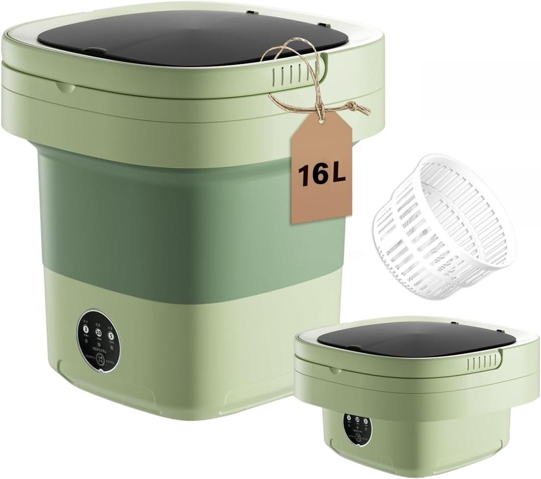 Portable Washing Machine, 16L Large Capacity Laundry Washer Cleaning for Underwear, Baby Clothes, Shirts,Small Delicates. Foldable Mini Washer and Dryer Combo for Apartment,Hotel,Camp,RV,Travel(Green)