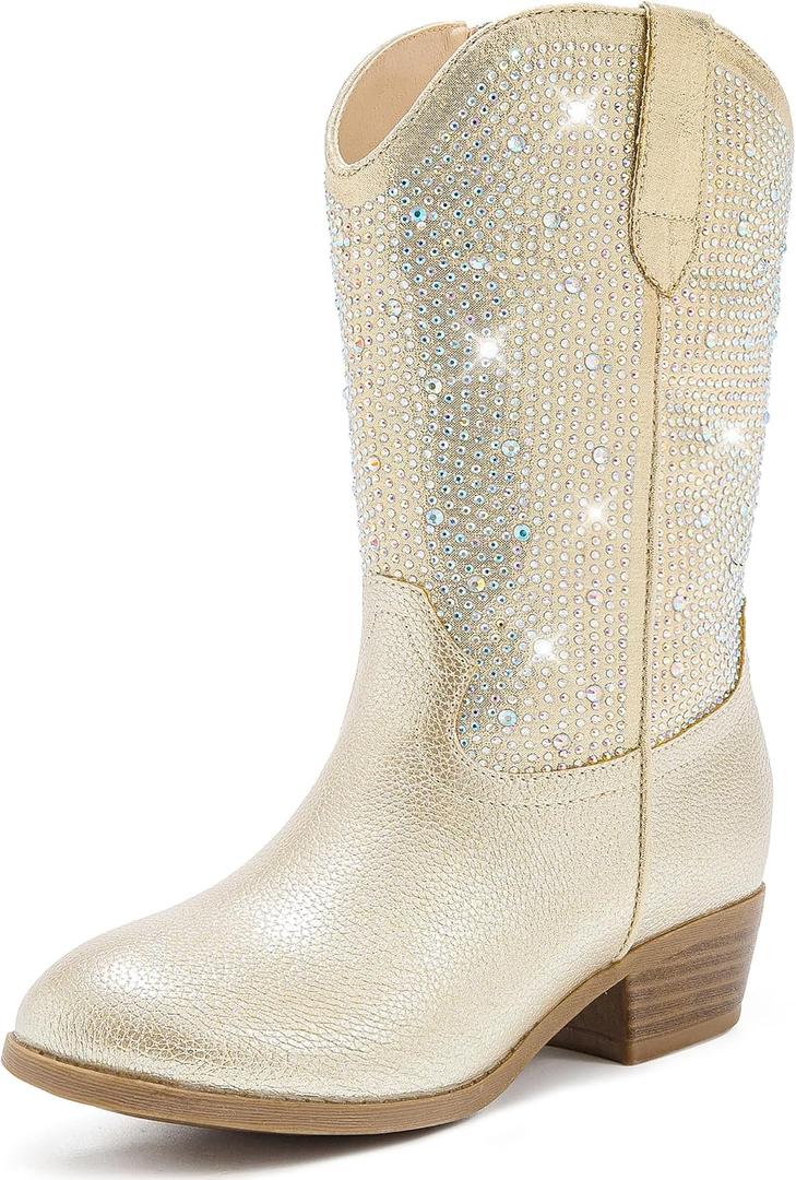 Motasha Rhinestone Sparkly Girls Cowgirl Cowboy Boots Little Kids Dress Boot Pointed Toes Low Heel Mid Calf Zipper Party Birthday Toddler to Big Kid, Size: 5 Big Kid