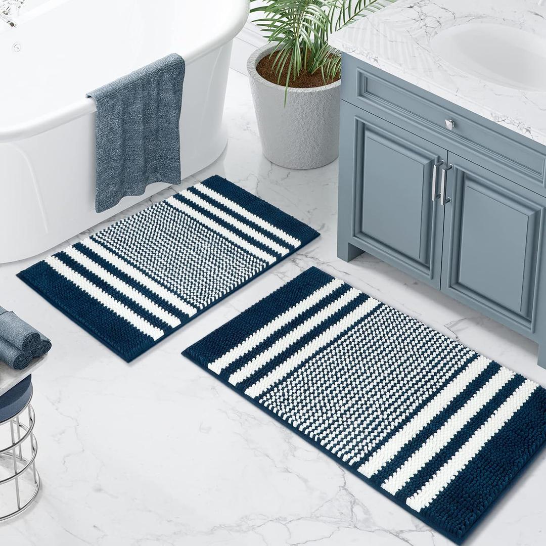 Tindbea Bathroom Rugs Set 2 Piece, Extra Soft and Absorbent Fluffy Striped Chenille Bath Mat Rug Set, Non Slip Bathroom Floor Mat, Machine Washable (20" x 32" Plus 16" x 24", Navy Blue)