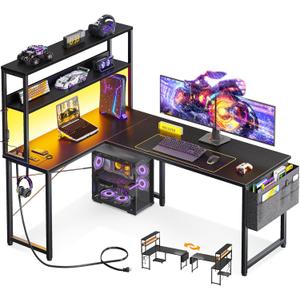ODK 53 Inch L Shaped Desk with LED Lighting, Reversible Gaming Desk with Power Outlets, Cornor Computer Table with Storage Shelves & Bag & Iron Hook, Home Office Table for Writing, Study, Black