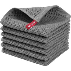 6 Pack 100% Cotton Kitchen Dish Cloths, Waffle Weave Ultra Soft Absorbent Dish Towels, 12 x 12 Inches Kitchen Towels for Drying Dishes, Gray