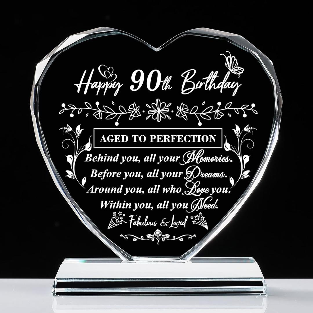 90th Birthday Gifts for Women Men, Laser Glass Heart 90th Birthday Decorations Ideas, Happy Birthday Gifts for 90 Year Old Men Women Husband Wife Mom Dad Friend