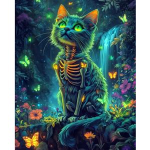 2 x obterie Cat Paint by Numbers Kit for Adults Beginner Skeleton Oil Painting Kit Adult Paint by Number Kits on Canvas DIY Painting for Beginners Art by Numbers for Gifts Home Wall Decor 16x20 Inch (YF038)
