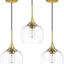 3 Pack 1 Light Hanging Indoor Kitchen Island Pendant Ceiling Light 7.3" Clear Glass Shade Fixture,Gold Finish Modern Farmhouse Dinning Over Sink
