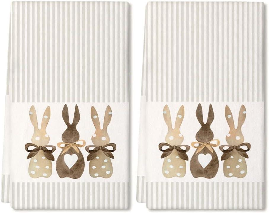 ARKENY Easter Kitchen Towels Set of 2,Beige Bunny Dish Towels 18x26 Inch Drying Dishcloth,Farmhouse Home Seasonal Spring Decorations AD220