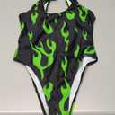 Womens One Piece Flame Print High Cut Bodysuit Swimsuit Bikini Swimwear Bathing Suit Rave Costume (Small, Neon Green)