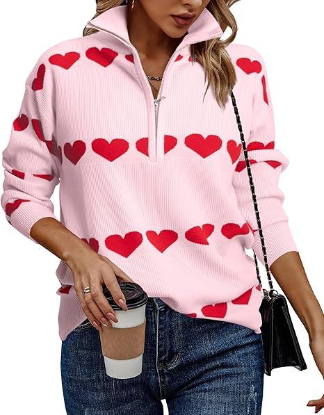Heart Sweater for Women V Neck Valentines Sweatshirt Quarter Zip Pullover Ribbed Knitted Sweaters Loose Slouchy Tops, 2XL
