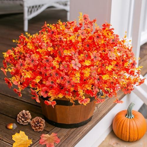 Pack of 2, Ivydale Fall Flowers Artificial for Decoration Outdoors Fake Mums 12 Bundles Faux Planters UV Resistant Look Real for Autumn Home Porch Patio Garden Yard, Fall-Orange