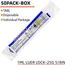 25G 5/8 In - 50 Pack 1ml/1cc Industrial Scientific Lab Utensils, Individual Package