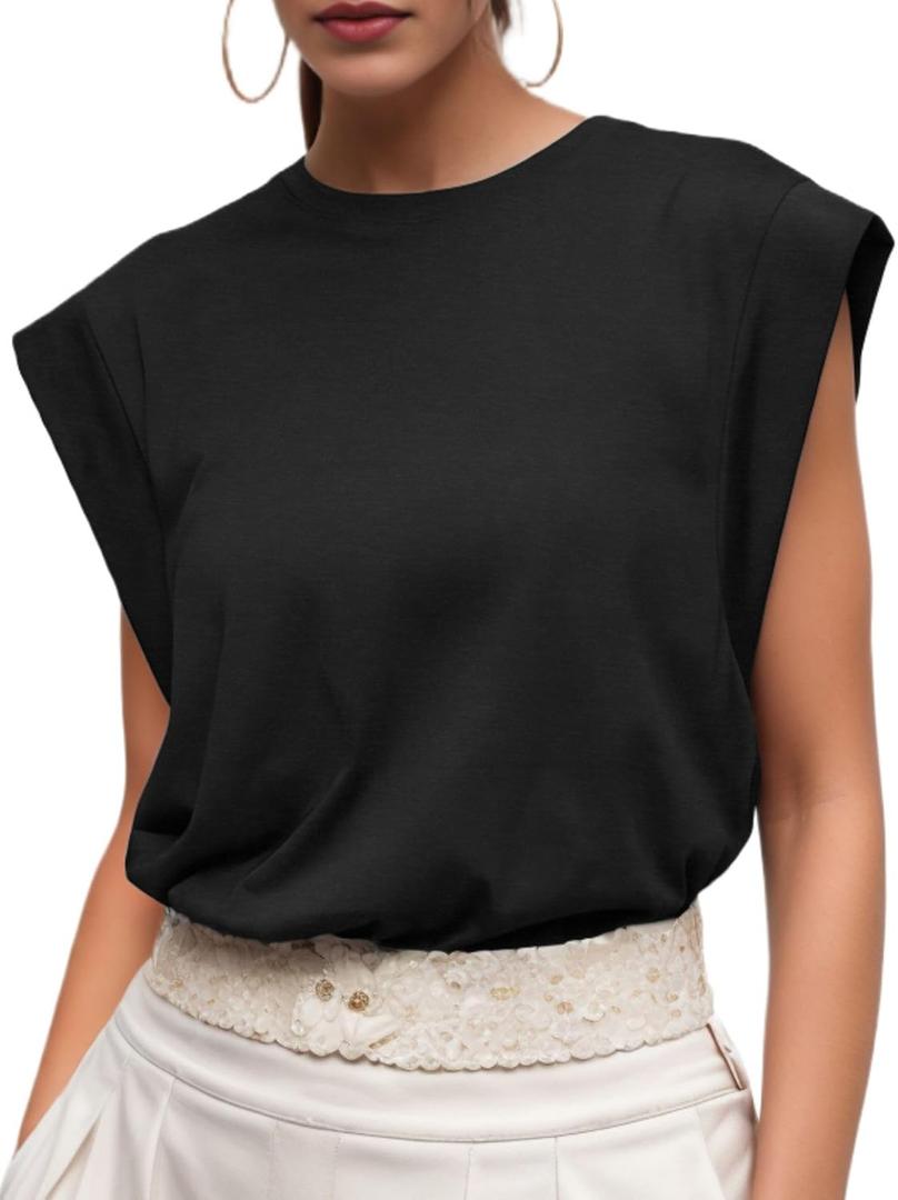 GRECERELLE Women 2026 Cap Sleeve Tops Summer Casual Tee Shirt Loose Crew Neck Basic Tank Trendy Work Vacation Outfits (Black, L)
