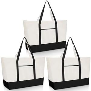 3 Pcs Extra Large Canvas Tote Bags with Zipper 28 Inch Big Canvas Grocery Bags Heavy Duty Wedding Beach Tote Bag with Outer Pocket Washable Shopping Bag for Travel DIY Craft (Black)
