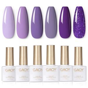 GAOY Purple Gel Nail Polish Set, 6 Colors Glitter Spakle Soak Off UV Light Cure Gel Polish Kit for Salon and Nail Art DIY at Home (Just Purple)
