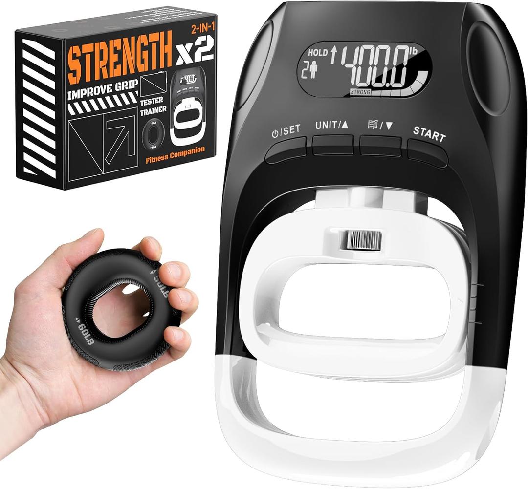 Grip Strength Tester & Trainer 2-in-1 Combo Set-Digital Hand Dynamometer with LCD Display, Max 400lb/180kg Capacity, Resistance Ring with Ergonomic Design for Sports, Gym, Home & Rehab