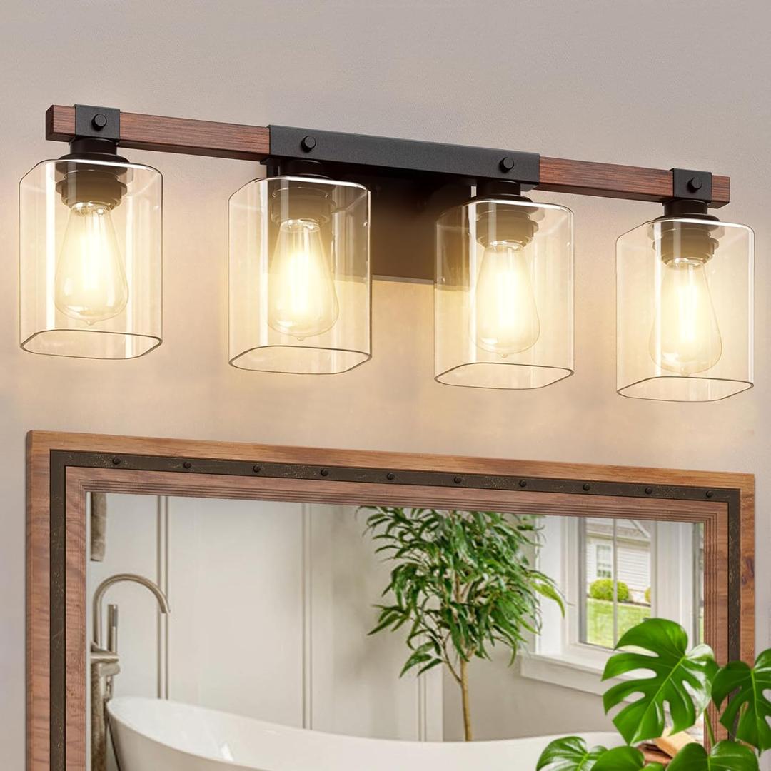 Amico 4-Light Bathroom Vanity Light Fixtures, Rustic Industrial Painted Wood Farmhouse Light fixtures, Vintage Black Wall Sconces Bathroom Vanity Lighting with Clear Glass Shade