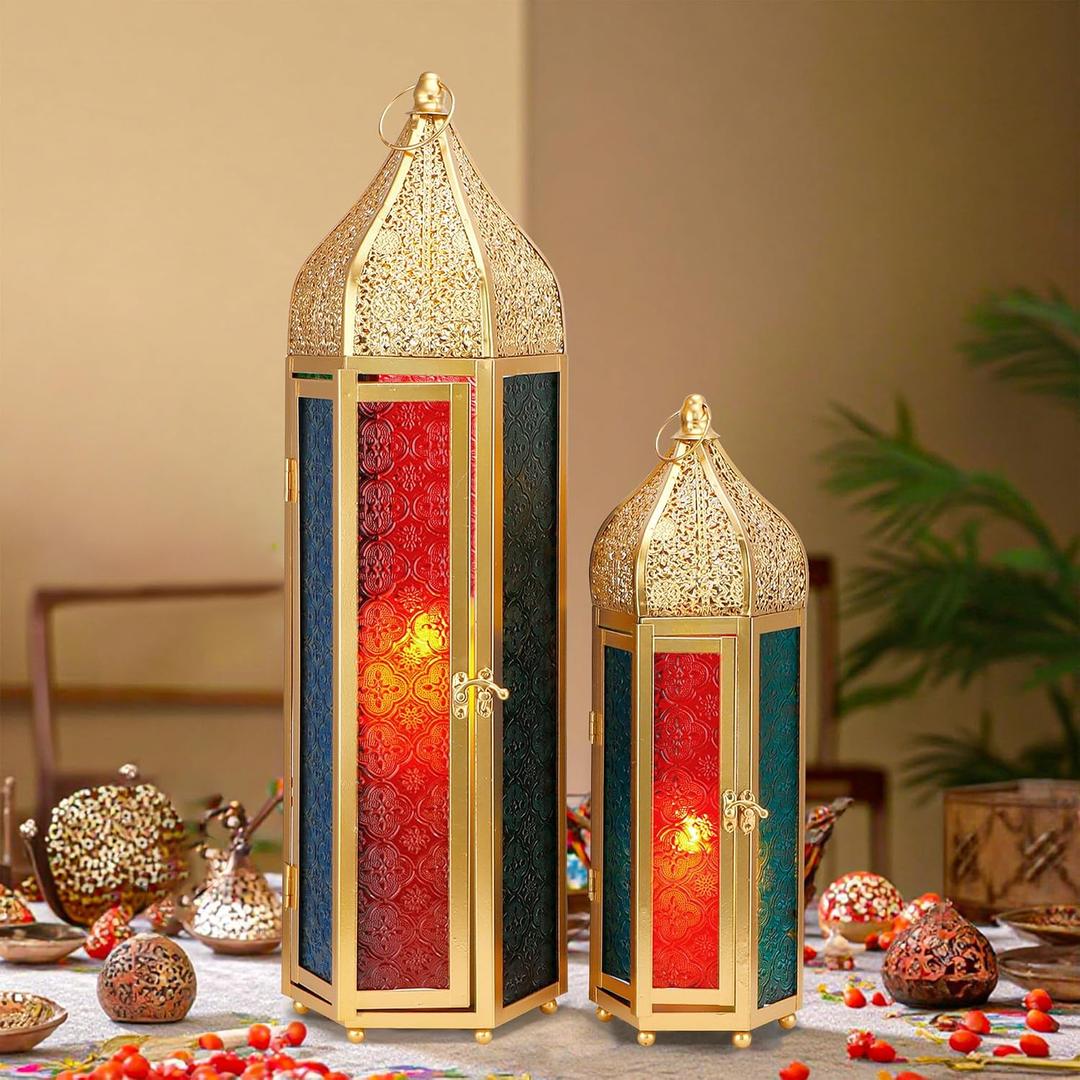 TRIROCKS Set of 2 Moroccan Candle Lanterns 22.5''&15'' H Decorative Candle Holder Hanging Lanterns with Embossed Colored Tempered Glass Ramadan Decorations for Home Outdoor Indoor Patio Weddings(Gold)