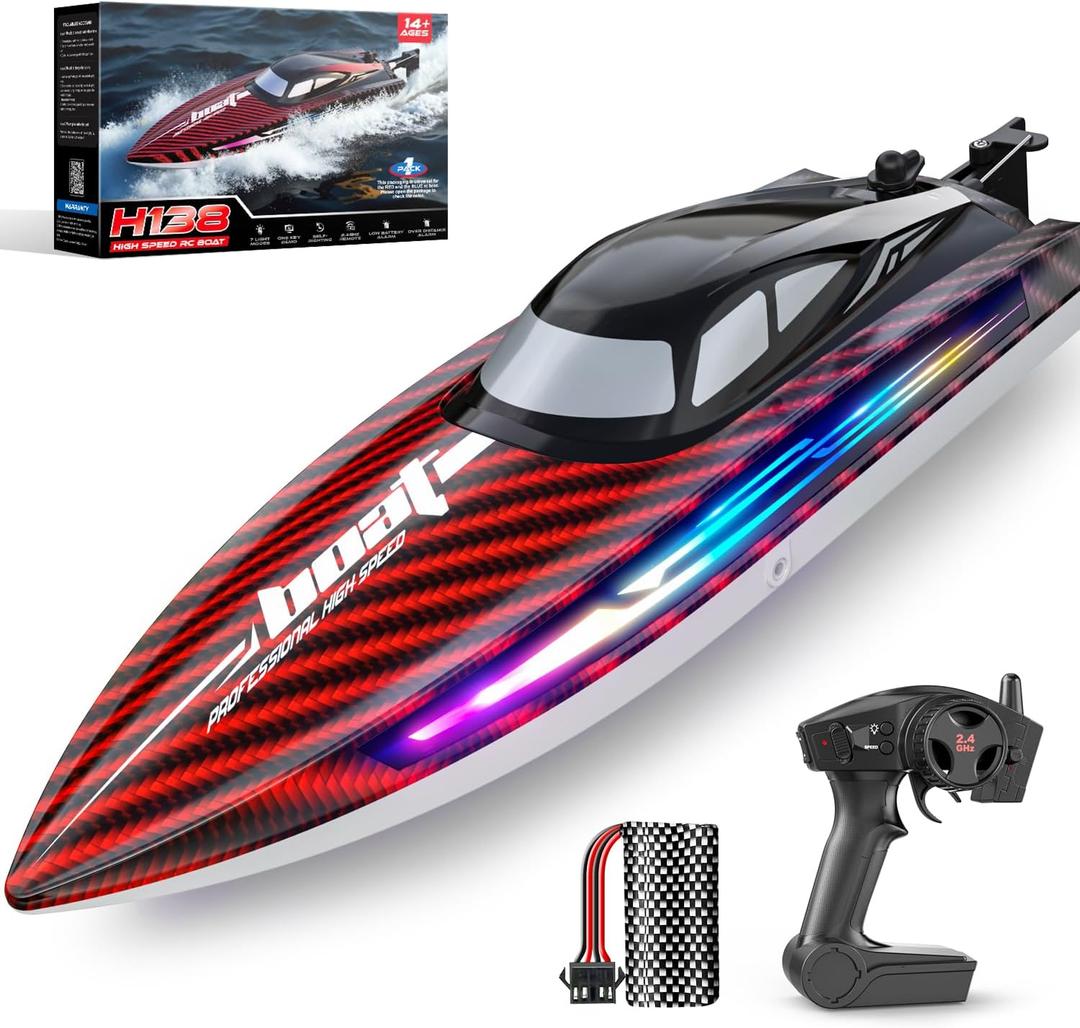 RC Boat for Kids & Adults, Fast Remote Control Boat 30+KPH, 7 LED Lights | Self‑Righting,Water Cooling,Fully Waterproof,Demo,20 Mins, Rechargeable Battery,2.4GHz Racing Boats Pool & Lake Summer Toys