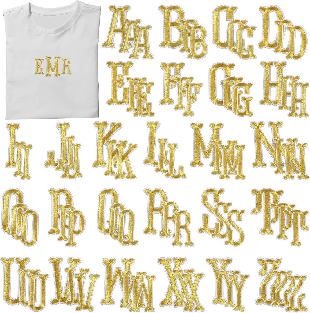 Suncalla 78 Pieces Iron on Letters Patches, Alphabet Embroidered Patches a to Z Fishtail Shaped Letters for DIY Accessories Clothes, Dress, Hat, Socks, T-Shirt, 1.97 Inch(Gold,1.97 Inch)