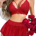 Sexy Mini Skirt with G-String Floral Lace Sheer Bralette Lingerie Set 3 Piece Otufits (Medium)